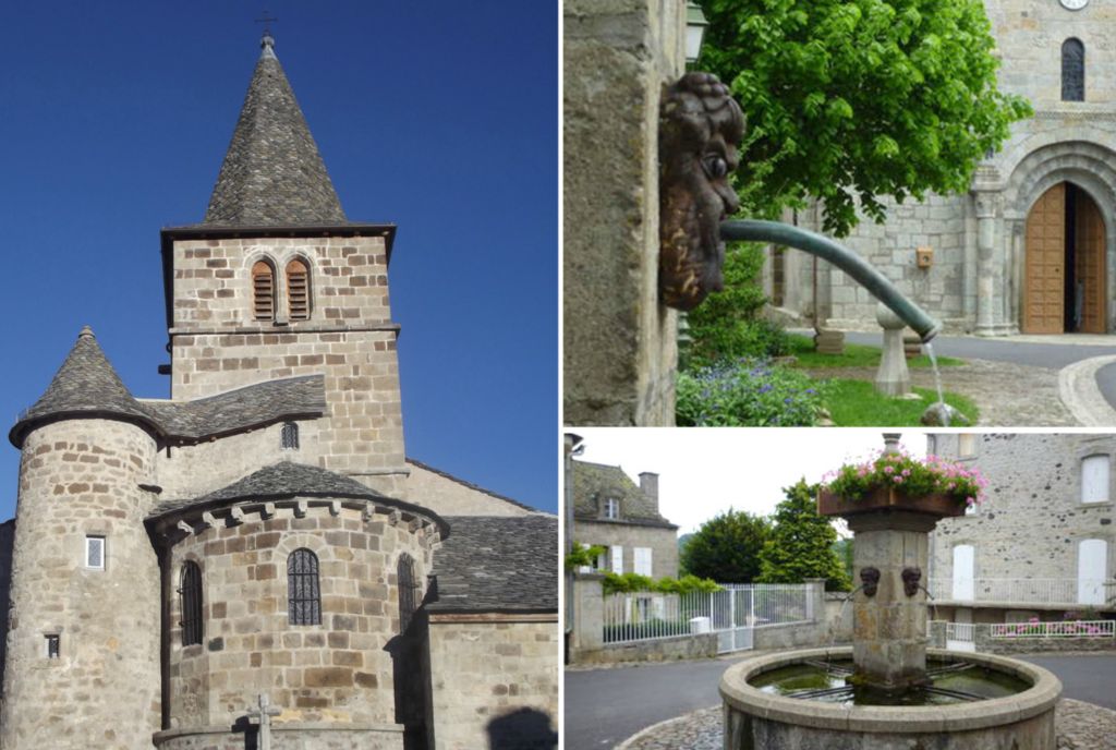 Camping Auvergne : L'eglise et les fontaines de Menet dans le Cantal.